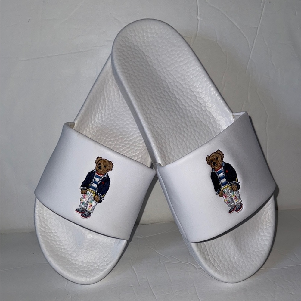 Polo by Ralph Lauren White Sandals with Textured Footbed Big Polo Bear Mens 12